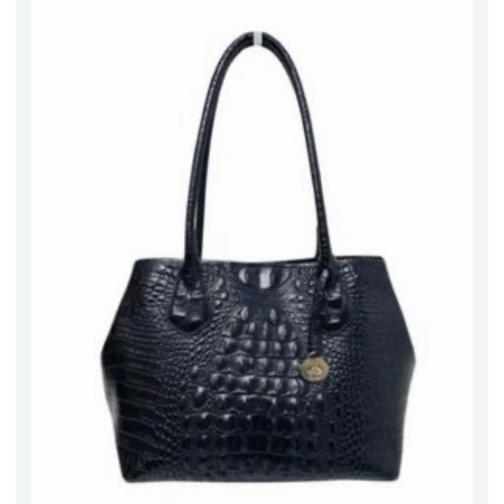 BRAHMIN Anytime Tote Glossy Black Croc Embossed Double Strap Shoulder Bag